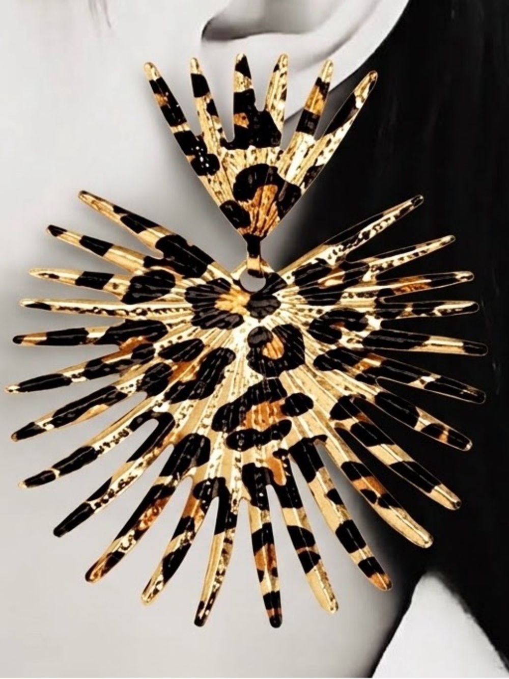 Zara “Radiance” Leopard Print Heart Crown Sunburst Sunbeam Sunray Regal Earrings